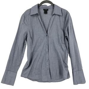 Ann Taylor Blouse Women's Size 8 Blue Solid Cotton Long Sleeve Button Front Tops